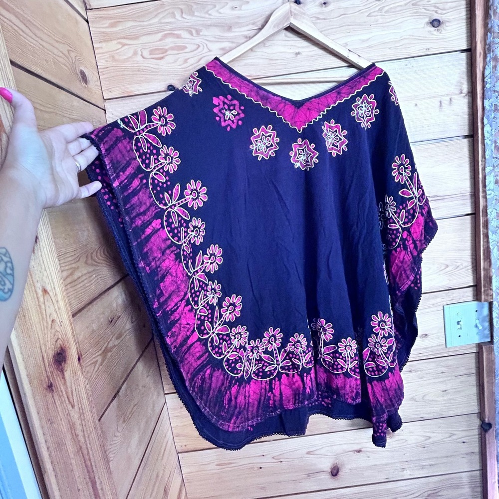 Vintage Batik Poncho Caftan Women Large Pink Black Floral Mandala Tie Dye Boho
